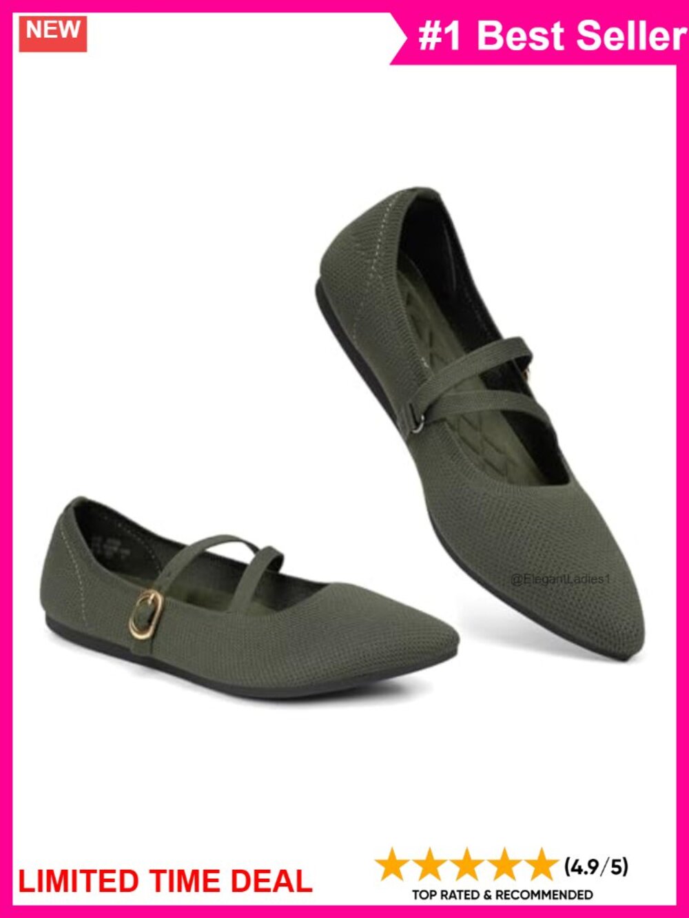 Women's Knit Mary Jane Ballet Flats Pointed Toe Adjustable Strap Comfort